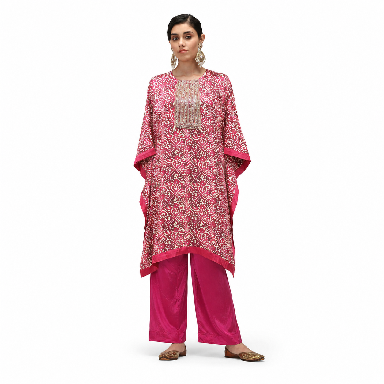 Kaftan-Cords Vibrant pink with red floral accents